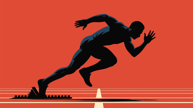 Dynamic sprinter bursting from starting blocks in powerful motion on vibrant red track, capturing peak athletic performance and competitive drive.