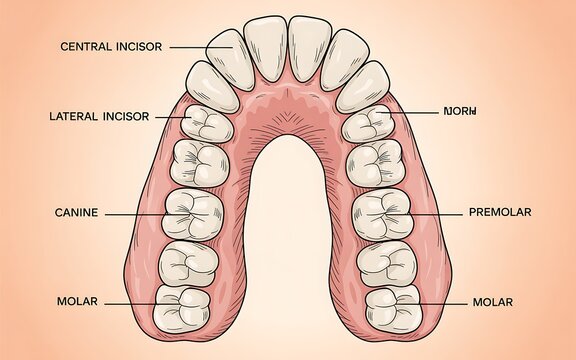 Illustration of human teeth lower jaw showing central lateral incisors canine premolar molar
