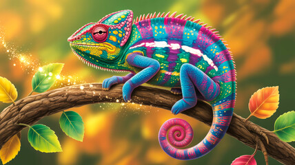 A digital art illustration of a vibrant, colorful chameleon perched on a brown tree branch
