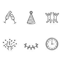 A colorful vector illustration set of Christmas icons, including tree decorations, a gift, snowman, and Santa hat, perfect for holiday celebration design