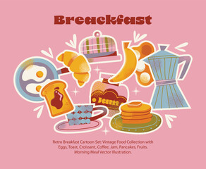 Breakfast food set fried eggs, toasts, croissant, coffee moka pot, cup, pancakes, avocado, banana, butter dish, and jam jar. Flat vector illustration kitchen utensils. Food and morning meal concept