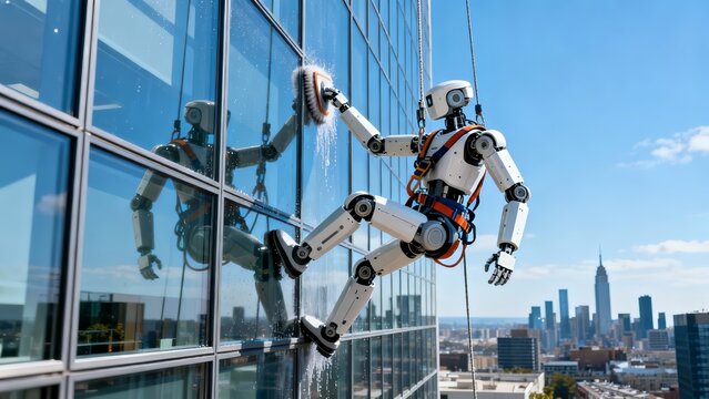 Humanoid Robot Cleaning Windows High-rise Building Maintenance