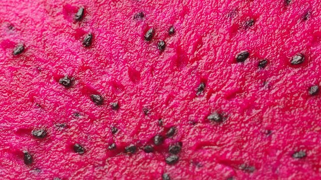 Extreme close-up 4K macro shot of rotating red-fleshed dragon fruit (pitaya). Detailed texture of the juicy white pulp and black seeds. Abstract food background.