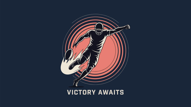 Dynamic football player kicking ball with power and precision, victory awaits, perfect for sports branding and motivational designs, bold and energetic