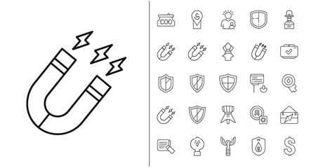 A collection of outline linear icons representing business, security, and technology concepts, featuring a prominent horseshoe magnet attracting lightning bolts, shields, a briefcase with a