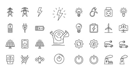 Set of line icons representing electricity and electrical equipment, including power lines, lightning bolts, light bulbs, batteries, solar panels, wind turbines, electric cars, power outlets, and