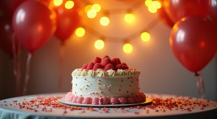 Cake with raspberries on it on a table