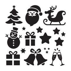 Fototapeta premium Black Christmas Icons Santa Claus Snowman Reindeer Sleigh Gifts Bells Stars holiday