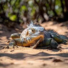Fototapeta premium Iguana Facing Forward on Sandy Ground with Blurred Greenery Photo