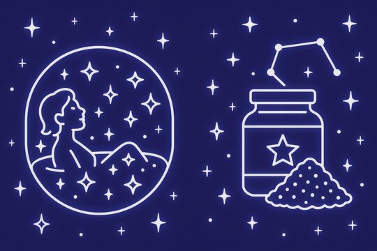 Celestial contemplation depiction of a serene figure in a starry universe blending cosmic elements with bottle revealing mysterious powder for astrological insights
