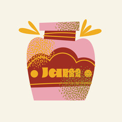 Retro Jam Jar Vector Illustration. Homemade Berry Fruit Preserve, Sweet Dessert in Pink Glass Container. Flat Hand-Drawn Food Label Design