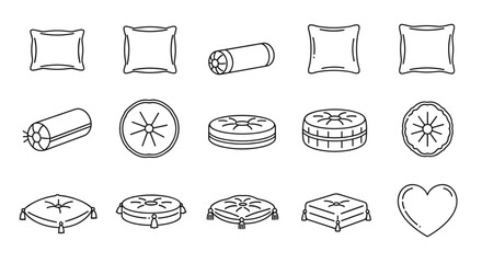 Collection of line art icons representing various pillows and cushions, including bolster, square, round, and heart shapes, perfect for interior design, comfort, and home decor themes. Editable