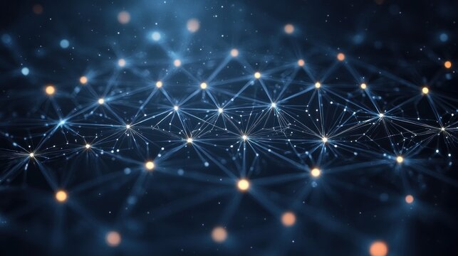 Abstract digital network of interconnected glowing nodes and lines on a dark blue background representing data connections and technology