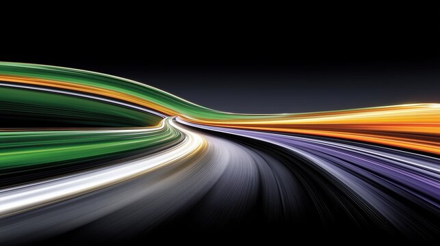 Dynamic neon highway curves with vivid speed trails for futuristic transportation branding.