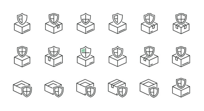 Set of 18 line art icons representing secure package delivery and shipping protection, featuring boxes with shields in isometric view on a white background, perfect for logistics and e-commerce
