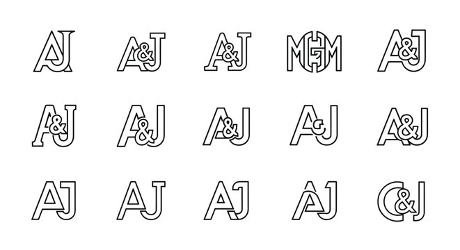 Set of A and J monogram logos, letter A and J combined in various creative and modern designs, including ampersand variations, presented as a clean vector line art illustration on a white background