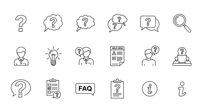 Collection of question mark and information icons, including question bubbles, help desk forms, magnifying glass, light bulb, and people icons, suitable for graphic design, web design, apps, adverts