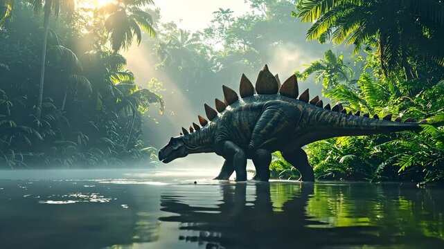 Majestic Stegosaurus Dinosaur Wading Through a Prehistoric Jungle River.