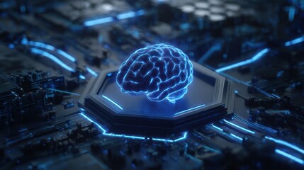 Digital Brain: A captivating depiction of a digital brain, glowing with ethereal blue light, resting upon a circuit board, a symbol of technology and intelligence.