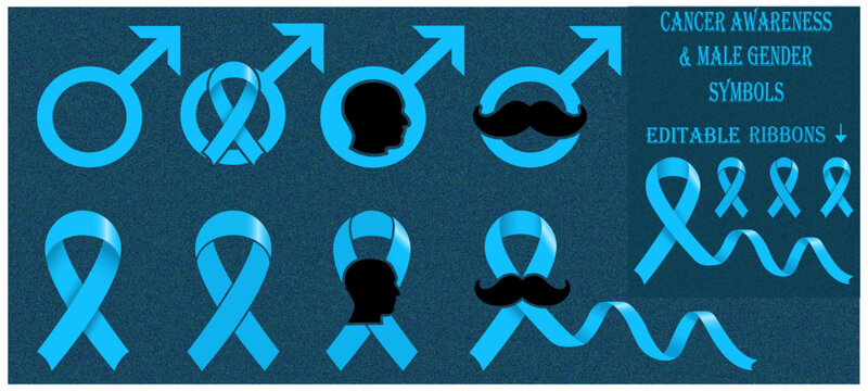 Male gender symbols icon on granular background. Moustache, cancer ribbon and man silhouette on Mars sign and light blue ribbon for men's health awareness campaign, movember movement (Isolated)