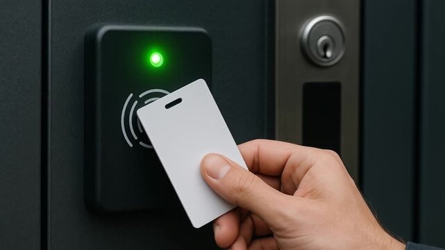 cyber security surveillance policy concept. Hand holding a card near a security reader with a red light.