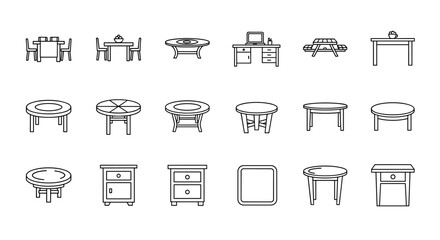 Modern outline style icons of various tables and desks, including dining tables, coffee tables, picnic tables, and nightstands, presented as a clean vector illustration on a white background, perfect