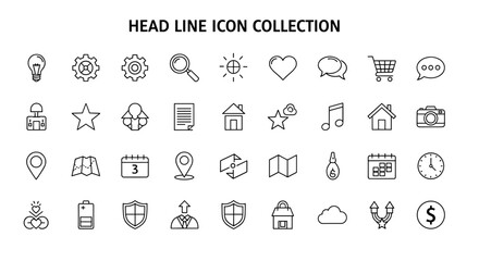 A comprehensive collection of outline icons representing various items, perfect for graphic and web design, app development, advertisements, and diverse card applications. This vector cartoon