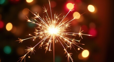A close up of a sparkler with many lights in the background