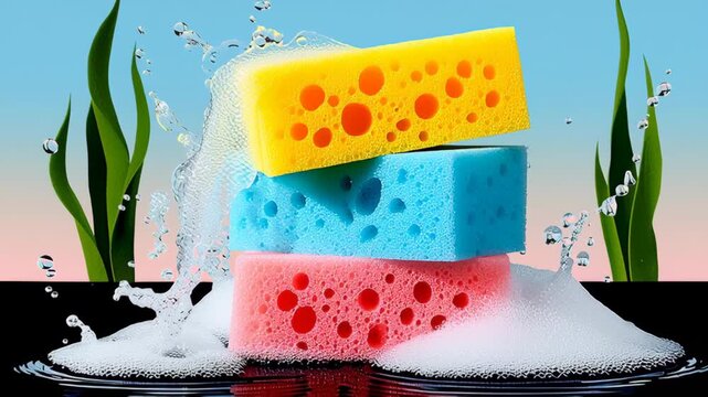 Colorful sponges stacked in vibrant arrangement, surrounded by bubbles and water splashes, showcasing dynamic textures and playful ambiance, camera pans to reveal scene progression and detail
