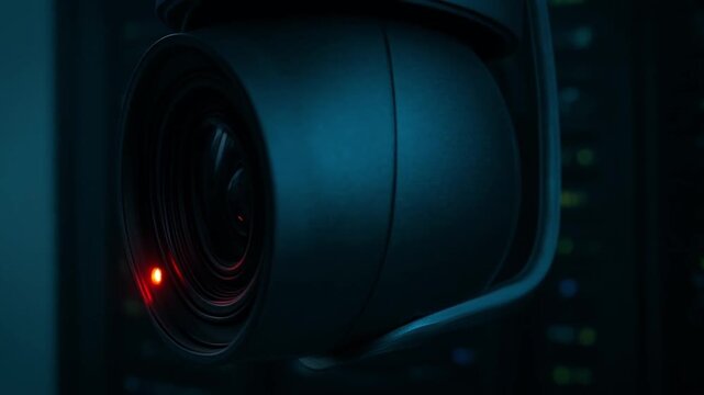 cyber security surveillance policy concept. Surveillance camera lens with red indicator light in a dark setting.