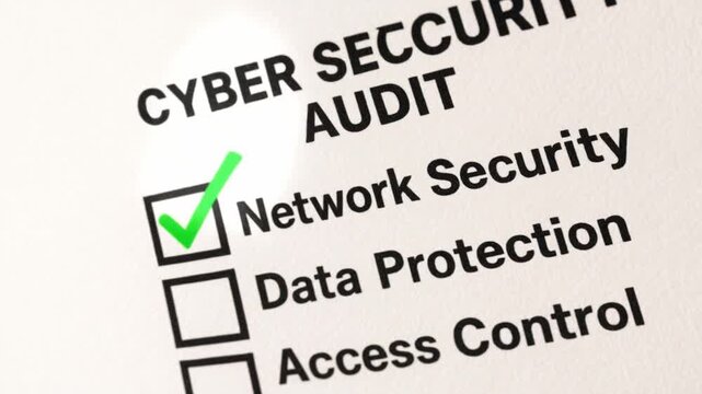 cyber security surveillance policy concept. Cybersecurity audit checklist with checked network security item.