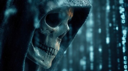 The Grim Specter of Digital Shadows: A chilling image of a hooded skeleton emerges from a background of binary code.