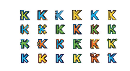 Collection of Diverse 'K' Monogram Logo Designs, Vector Cartoon Illustrations with a White Background, Featuring Various Colors and Styles, Perfect for Branding and Graphic Resources, Ordered Set of