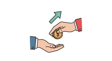 Vivid illustration of a business concept showing a hand giving a coin with a dollar sign to another hand, symbolizing profit and growth, with an upward trending arrow indicating success and increase