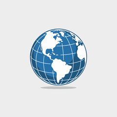 Blue Globe Icon Graphic Representing the World Americas Focus with Long Shadow Over Simple Background