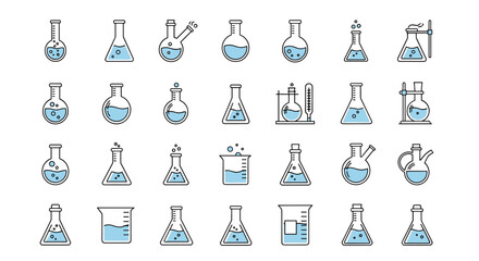 A collection of minimalistic, linear pictograms representing various laboratory flasks and beakers, filled with blue liquid and bubbles, suitable for web design, graphic design, apps, banners, social