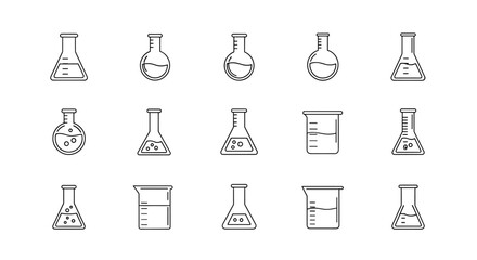 A collection of minimalistic thin line icons representing various laboratory flasks and beakers, perfect for web design, graphic design, apps, banners, social networks, and cards. This vector cartoon