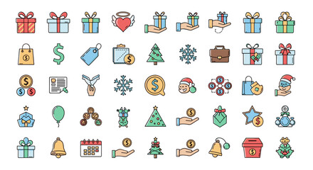 A vibrant collection of modern outline-style icons representing gifts, charity, holidays, and business concepts, featuring presents, shopping bags, dollar signs, snowflakes, Christmas trees, and