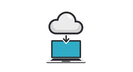 Minimalistic vector illustration of a laptop receiving data from a cloud icon, symbolizing cloud computing, data download, online storage, and digital transfer. This clean, modern graphic is perfect