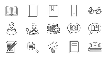 A clean and modern line icon set representing reading and education, featuring elements like an open book, closed books, a bookmark, glasses, a person reading, a student with a laptop, a stack of