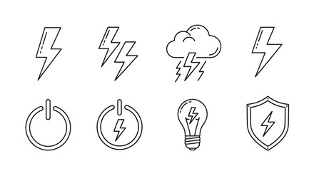 Collection of stylized lightning bolt icons, including a thundercloud, power button symbol, lightbulb, and shield, presented as clean, editable stroke vector graphics on a white background, ideal for