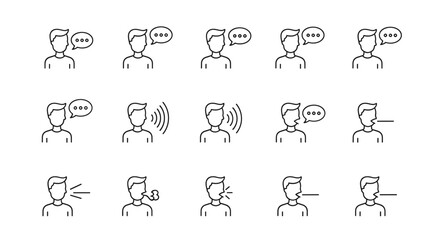 Set of minimalistic thin line icons representing a man talking, speaking, whispering, and communicating through speech bubbles, ideal for web, graphic design, apps, banners, and social networks