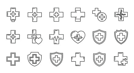Collection of thin line icons representing medical crosses and hospital symbols, perfect for web, books, cards, and apps. Editable stroke vector cartoon illustration with various medical emblems