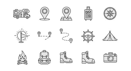 Collection of thin line icons representing travel and adventure, including a motorhome, map pins, baggage, compass, flag, route, steering wheel, tent, campfire, backpack, hiking boots, and camera