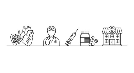 Minimalistic linear illustrations of hospital elements, including a heart, a doctor with a stethoscope, a syringe, a bottle of pills, and a clinic building, perfect for healthcare design projects