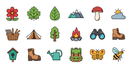 Vibrant Nature and Parks Icon Set: A Collection of Charming Cartoon Illustrations Featuring Flowers, Leaves, Mountains, Mushrooms, Picnic Baskets, Tents, Trees, Campfires, Binoculars, Boots