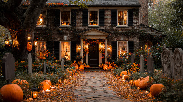 Halloween-themed house decorated with pumpkins and lanterns at night  