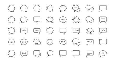 A comprehensive collection of minimalistic linear speech bubble icons, featuring various shapes and styles including standard, cloud-like, starburst, and overlapping designs, perfect for web, graphic
