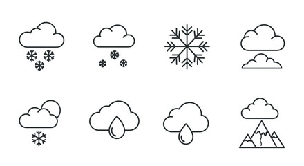 Set of modern outline style icons representing various weather conditions including snowfall, rain, clouds, and mountains, perfect for design elements on cards, apps, and social networks, presented