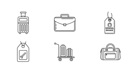 A minimalist collection of line icons representing various types of luggage and travel accessories, including a rolling suitcase, a briefcase, baggage tags, a luggage cart with suitcases, and a